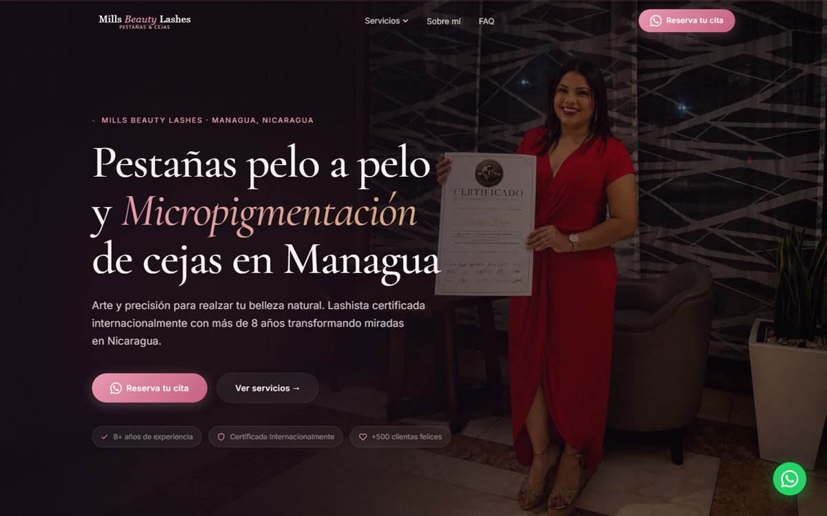 Página web de Mills Beauty Lashes, pestañas pelo a pelo y micropigmentación de cejas en Managua